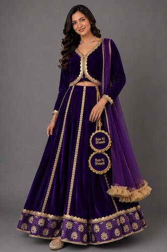 Purple Embroidered Velvet Lehenga Set