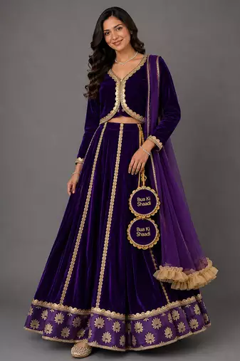 Purple Embroidered Velvet Lehenga Set