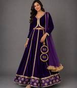 Purple Embroidered Velvet Lehenga Set