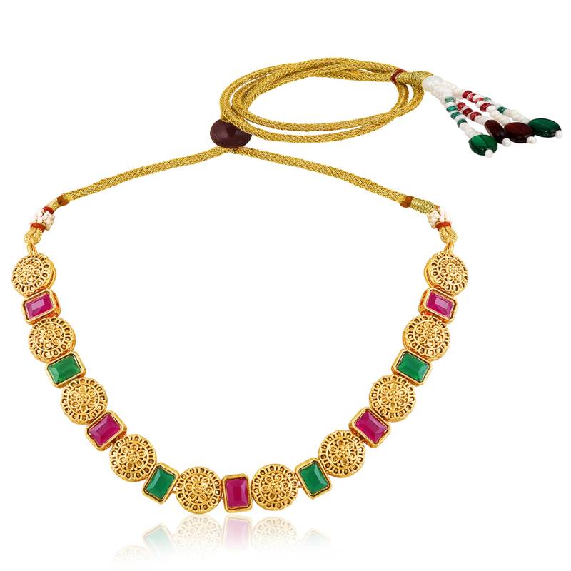 Women's rani pink green synthetic stone studded necklace drop earrings
