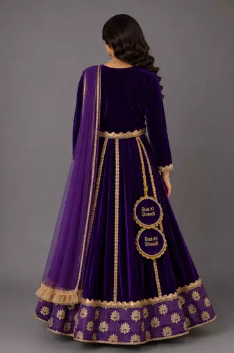 Purple Embroidered Velvet Lehenga Set