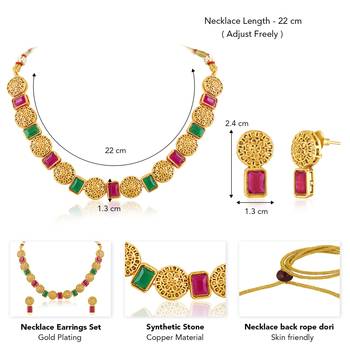 Women's rani pink green synthetic stone studded necklace drop earrings 4