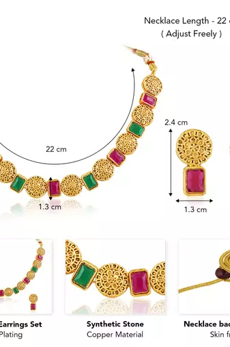 Women's rani pink green synthetic stone studded necklace drop earrings
