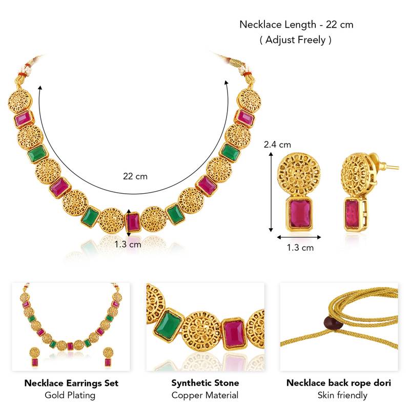 Women's rani pink green synthetic stone studded necklace drop earrings
