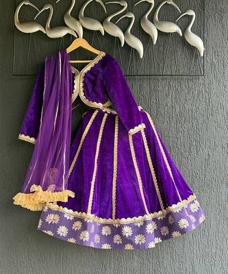 Purple Embroidered Velvet Lehenga Set 3