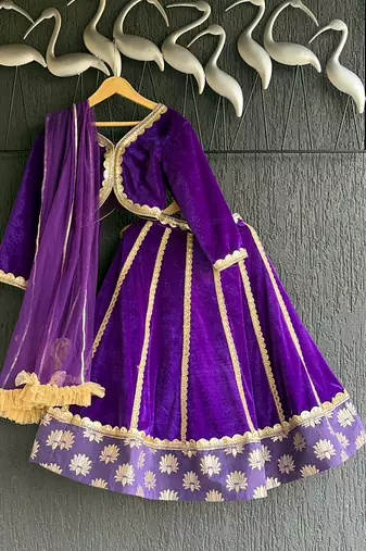 Purple Embroidered Velvet Lehenga Set