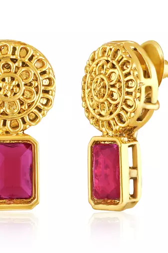 Women's rani pink green synthetic stone studded necklace drop earrings