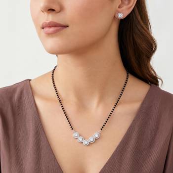Womens silver toned round heart mangalsutra necklace earrings set 1