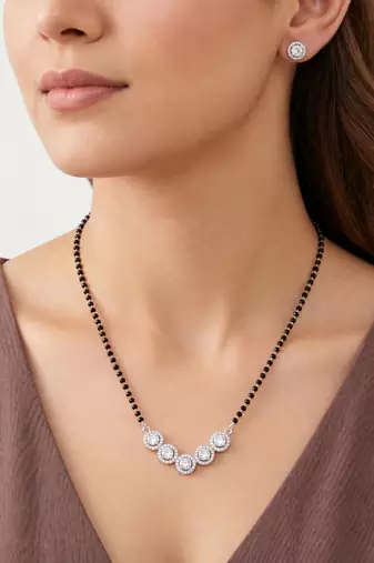 Womens silver toned round heart mangalsutra necklace earrings set