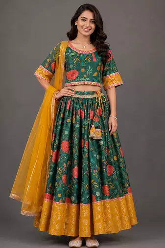 Green Yellow Printed Cotton Silk Lehenga Set