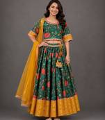 Green Yellow Printed Cotton Silk Lehenga Set