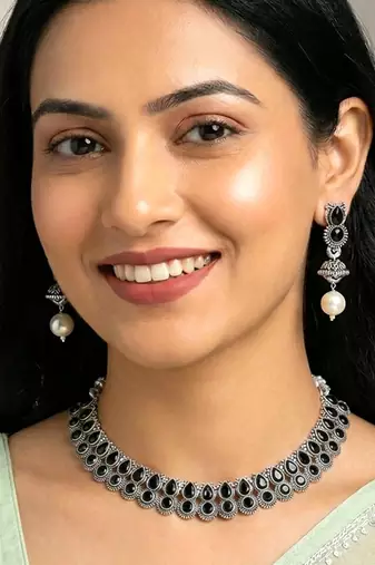 Black oxidised necklace earrings set crystals studded festive design