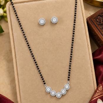 Womens silver toned round heart mangalsutra necklace earrings set 2