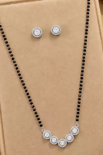 Womens silver toned round heart mangalsutra necklace earrings set