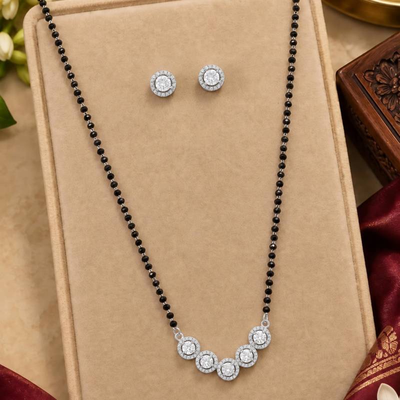 Womens silver toned round heart mangalsutra necklace earrings set