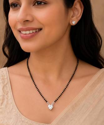 Women's silver toned heart solitaire mangalsutra & stud earring set 1