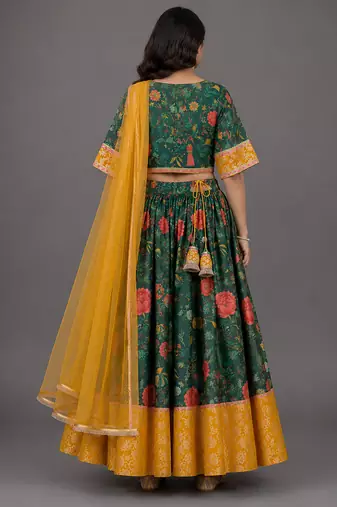 Green Yellow Printed Cotton Silk Lehenga Set