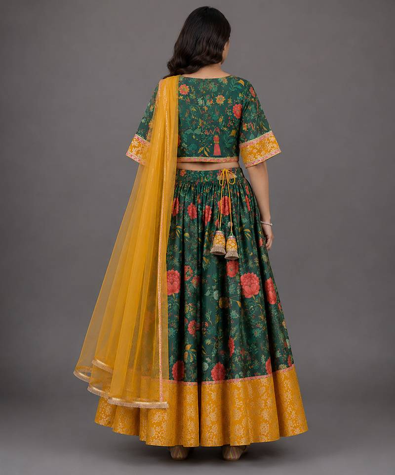 Green Yellow Printed Cotton Silk Lehenga Set