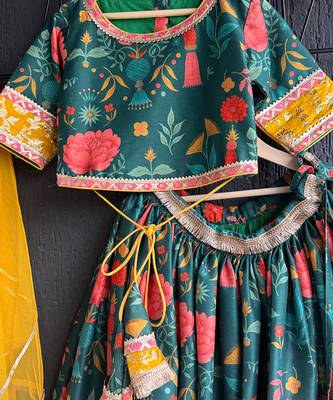 Green Yellow Printed Cotton Silk Lehenga Set 3