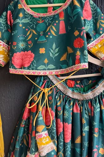 Green Yellow Printed Cotton Silk Lehenga Set