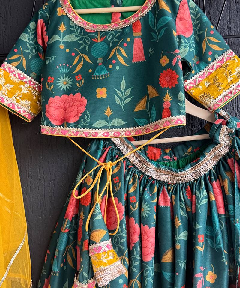 Green Yellow Printed Cotton Silk Lehenga Set
