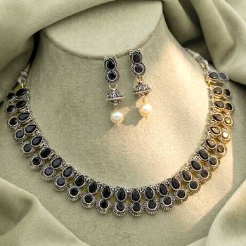 Black oxidised necklace earrings set crystals studded festive design 2