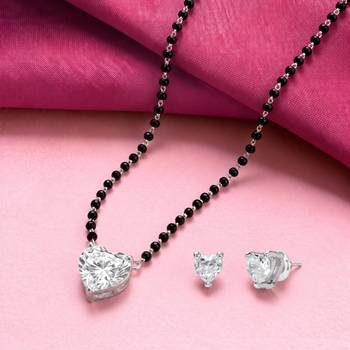 Women's silver toned heart solitaire mangalsutra & stud earring set 2
