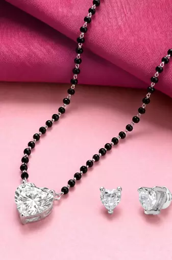Women's silver toned heart solitaire mangalsutra & stud earring set