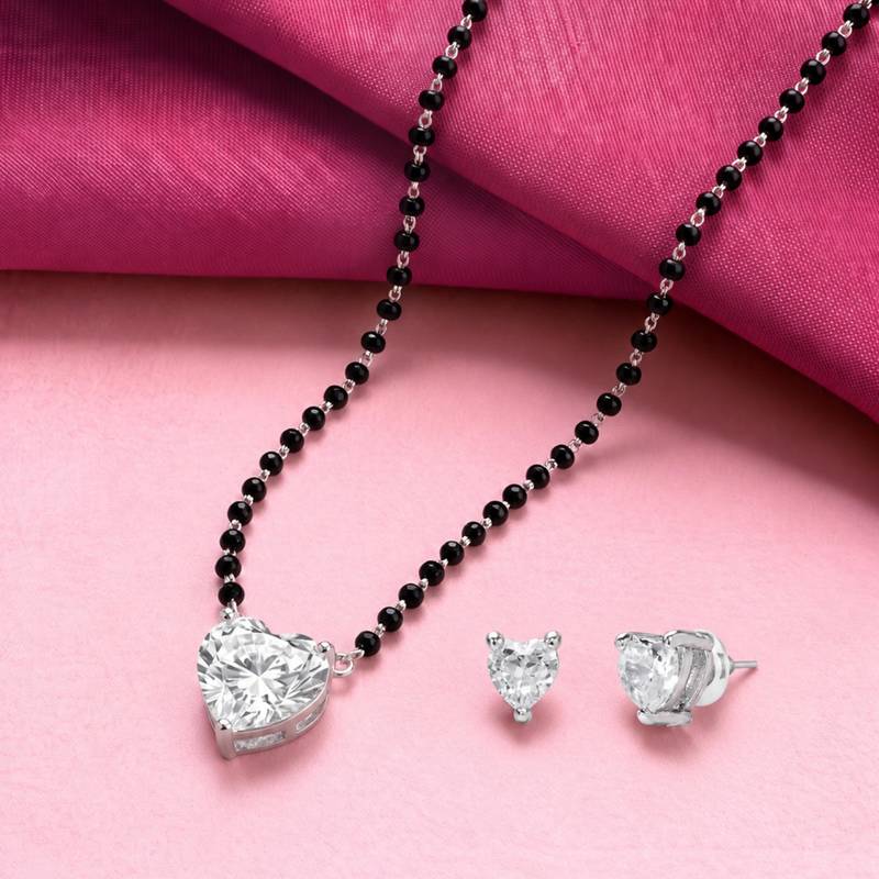 Women's silver toned heart solitaire mangalsutra & stud earring set