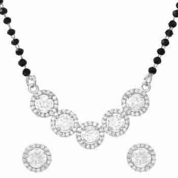 Womens silver toned round heart mangalsutra necklace earrings set 3