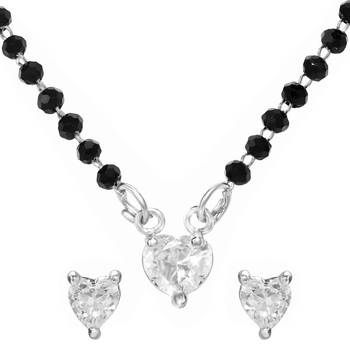Women's silver toned heart solitaire mangalsutra & stud earring set 3