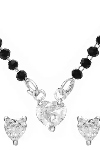 Women's silver toned heart solitaire mangalsutra & stud earring set