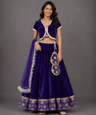 Purple Embroidered Velvet Lehenga Set 1