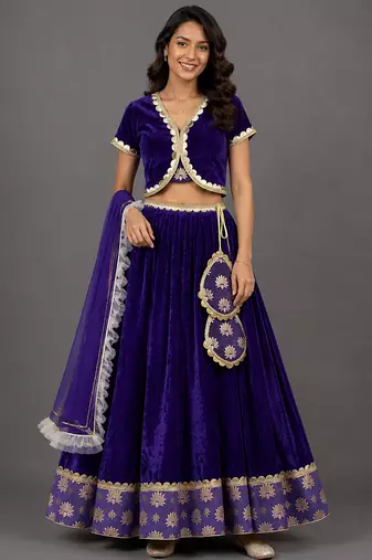Purple Embroidered Velvet Lehenga Set