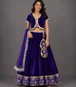 Purple Embroidered Velvet Lehenga Set