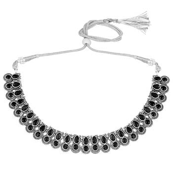 Black oxidised necklace earrings set crystals studded festive design 3