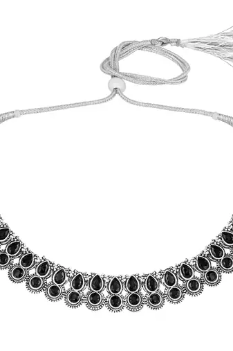 Black oxidised necklace earrings set crystals studded festive design