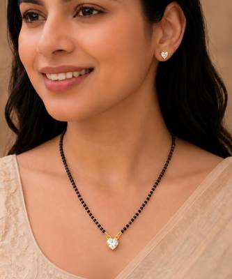 Women's golden toned heart solitaire mangalsutra & stud earring set 1