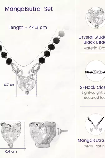 Women's silver toned heart solitaire mangalsutra & stud earring set