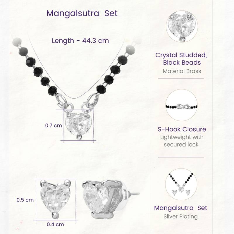Women's silver toned heart solitaire mangalsutra & stud earring set