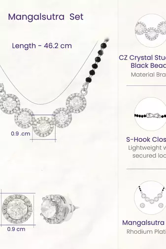 Womens silver toned round heart mangalsutra necklace earrings set