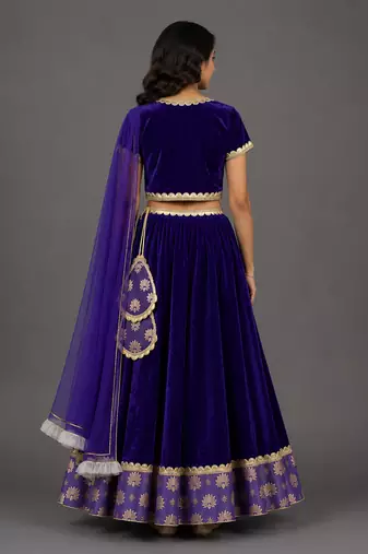 Purple Embroidered Velvet Lehenga Set