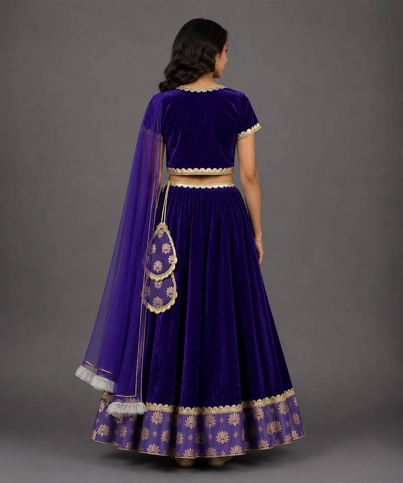 Purple Embroidered Velvet Lehenga Set