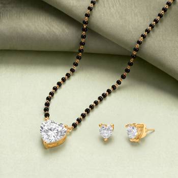 Women's golden toned heart solitaire mangalsutra & stud earring set 2