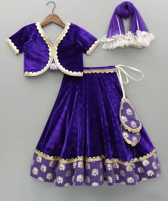 Purple Embroidered Velvet Lehenga Set 3