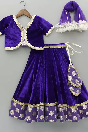 Purple Embroidered Velvet Lehenga Set