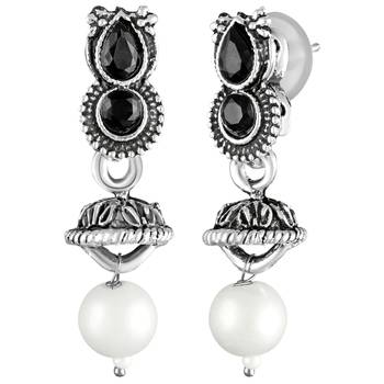 Black oxidised necklace earrings set crystals studded festive design 5