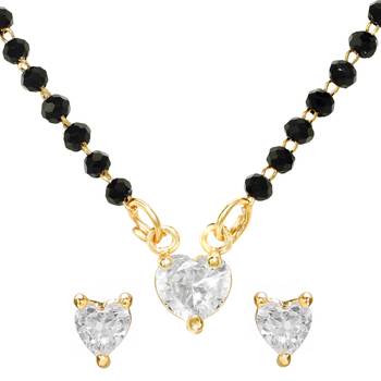 Women's golden toned heart solitaire mangalsutra & stud earring set 3