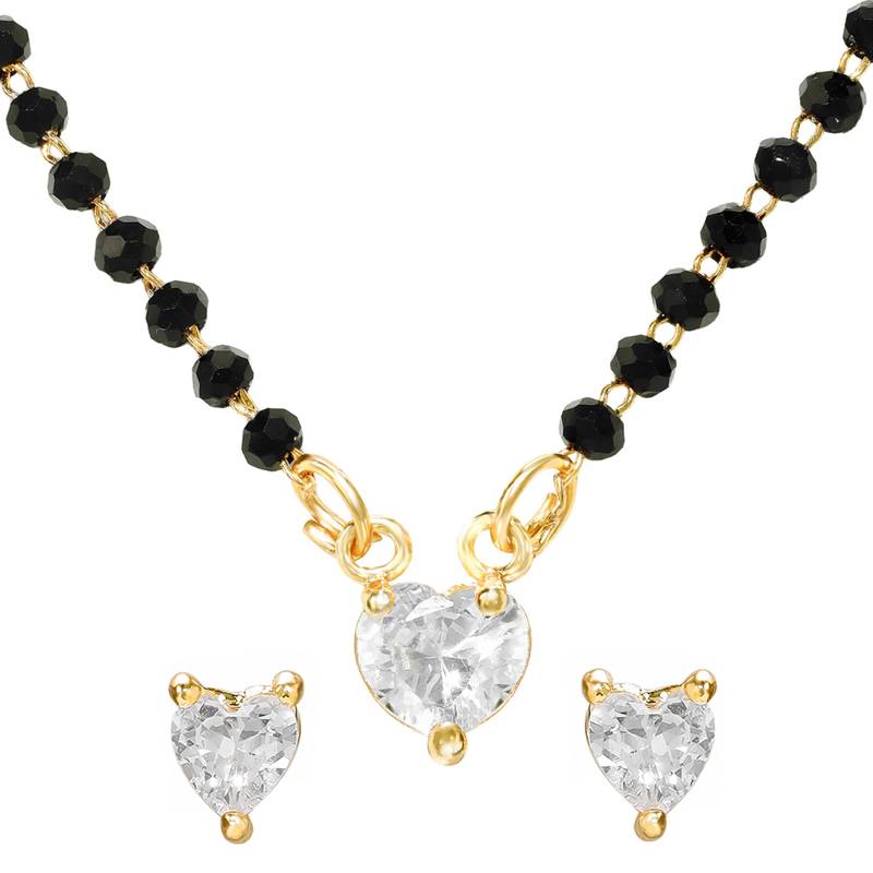 Women's golden toned heart solitaire mangalsutra & stud earring set
