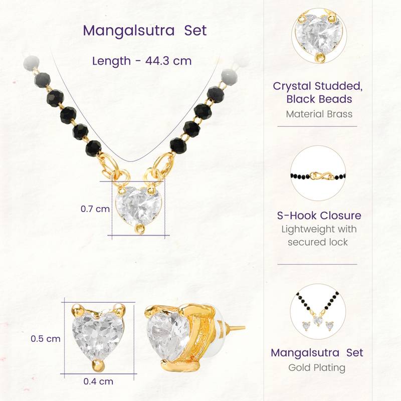 Women's golden toned heart solitaire mangalsutra & stud earring set